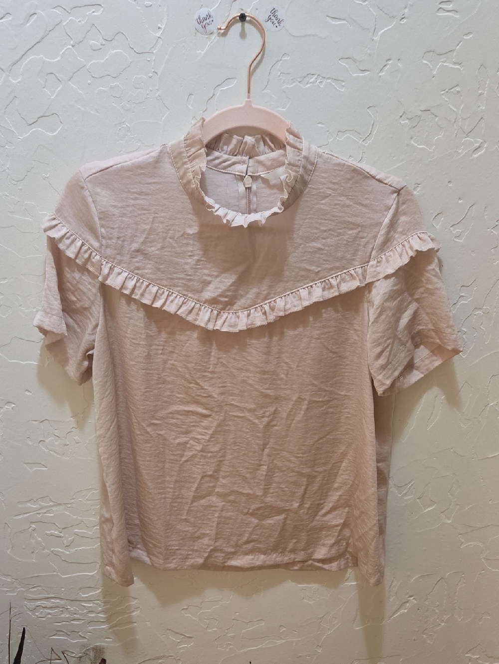 H&M Pale Pink Ruffled High-Neck Short Sleeve Blouse